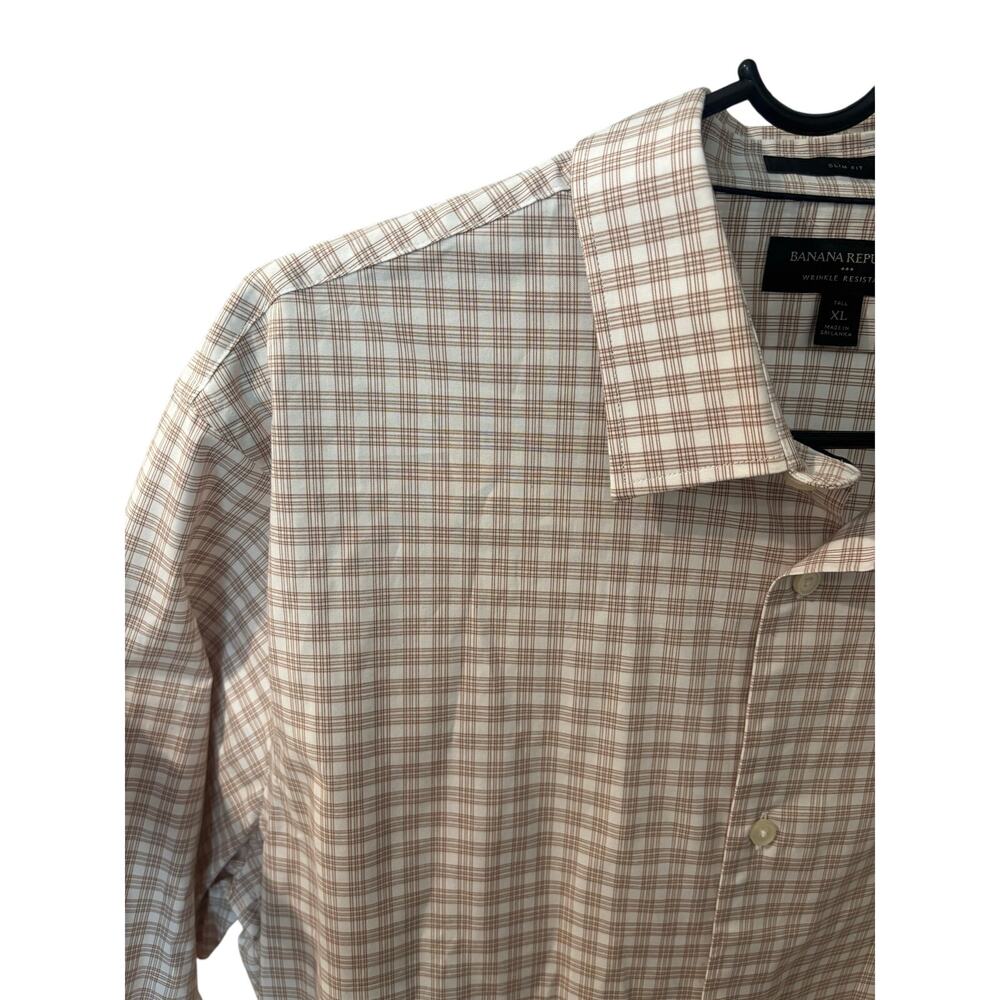 Banana Republic Slim Fit Wrinkle Resistant Dress Shirt XL Tall Beige Plaid - Picture 16 of 16